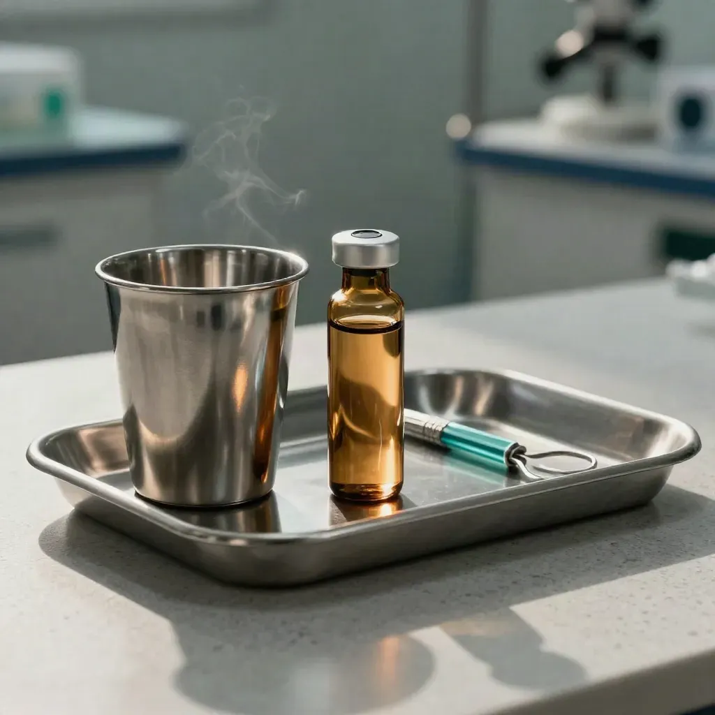 Specimen cup, amber vial, and surgical tray on pale stone with soft teal glint