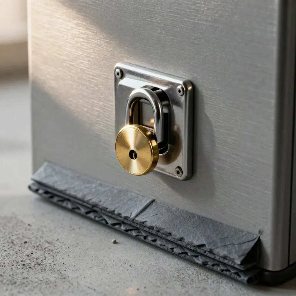 Macro cluster of a key latch, brass seal and slate pouch on brushed concrete.