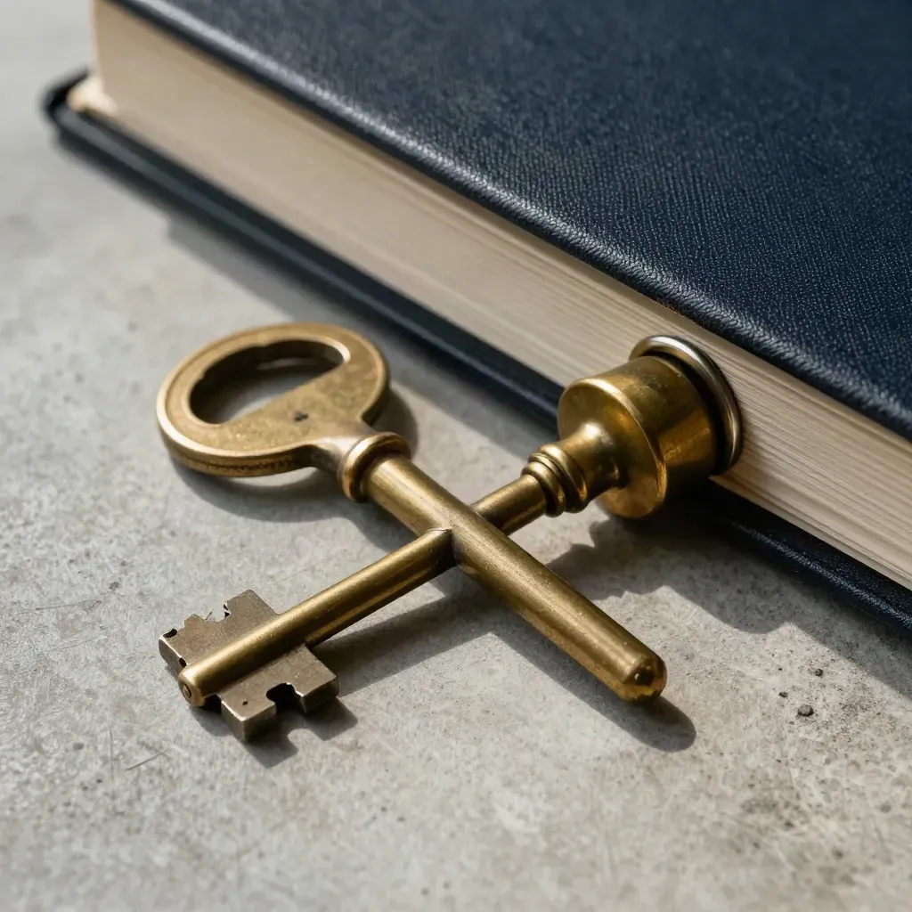 Graphite key and brass paperweight beside a dark binder spine on concrete in dramatic side light.