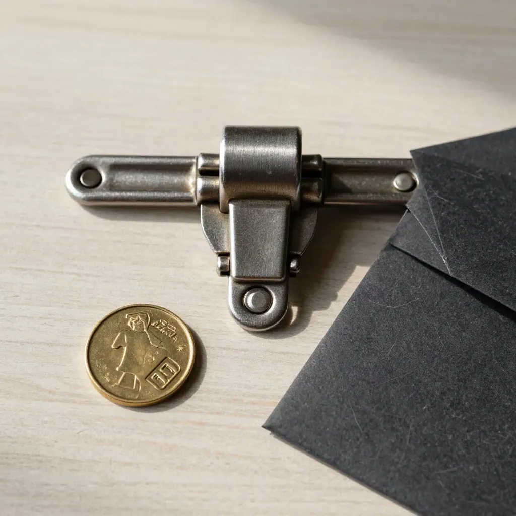Metal clasps, brass token, and charcoal security envelope on pale wood, top-down editorial still life.