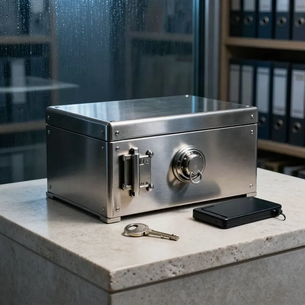 Brushed-steel vault lockbox with security key, drive, seal, and tag on stone