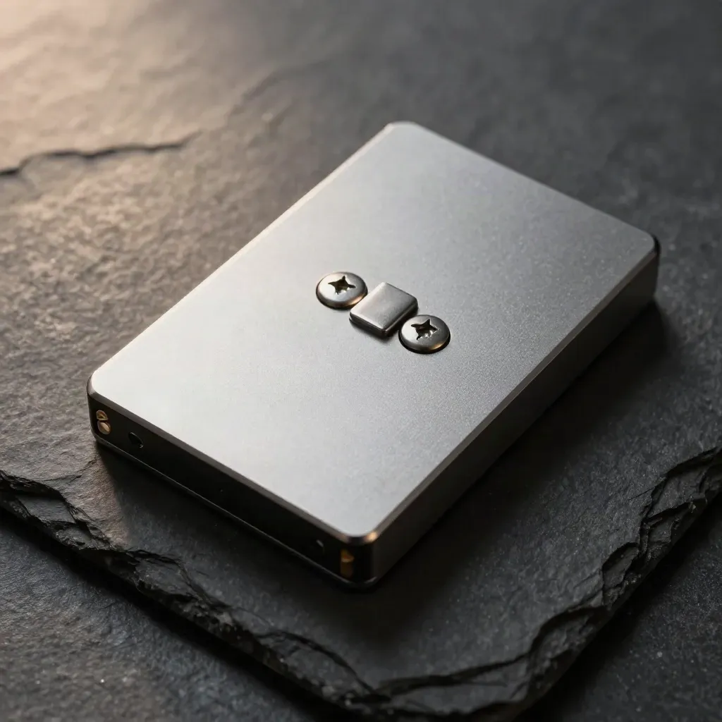 Top-down macro of a sealed SSD caddy with two screws and a spacer on dark stone.