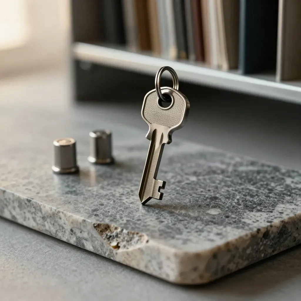 Archive key, seal caps and dark ring on a stone tray in a secure records room