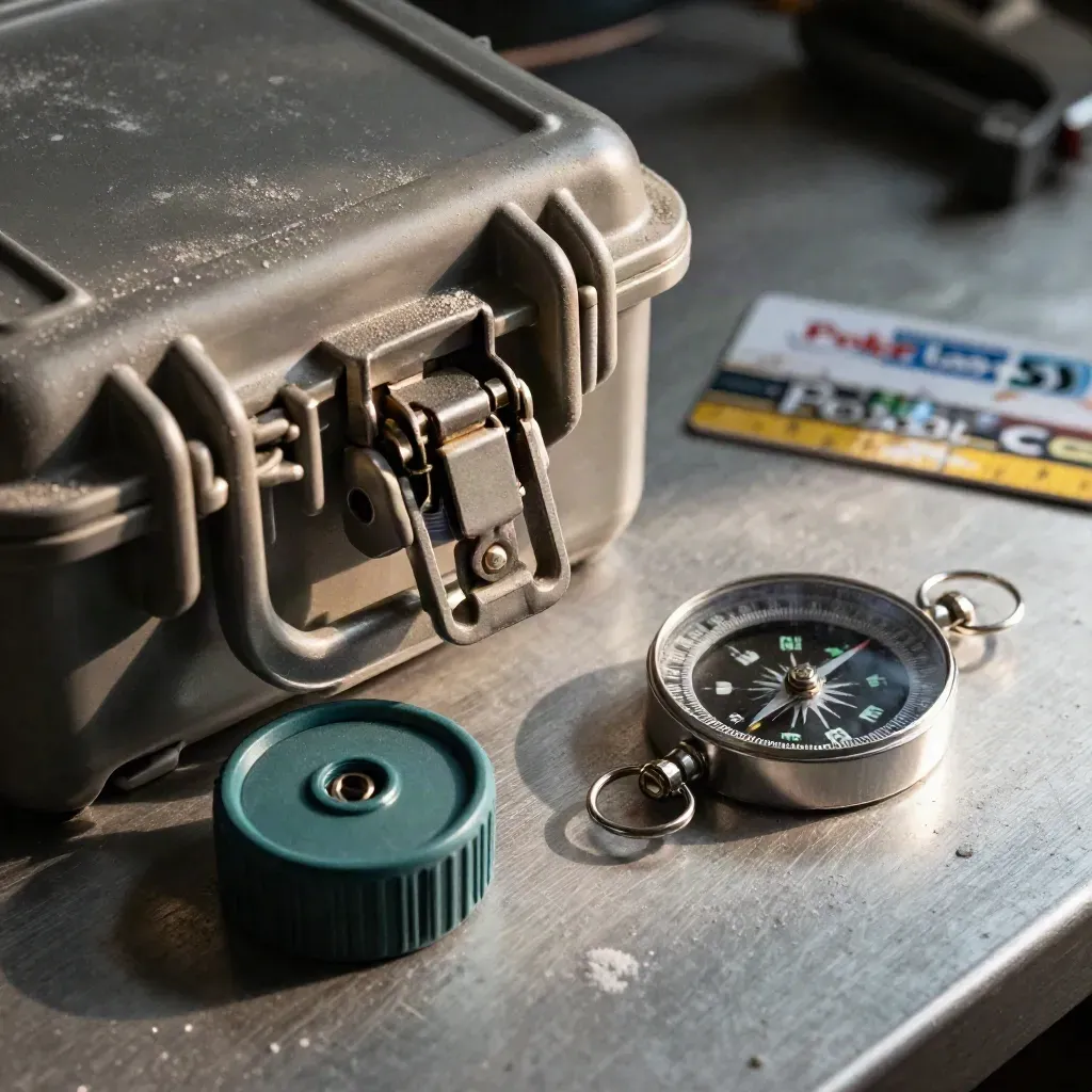 Marine case latch, connector cap, cable loop and compass on brushed metal with teal accents