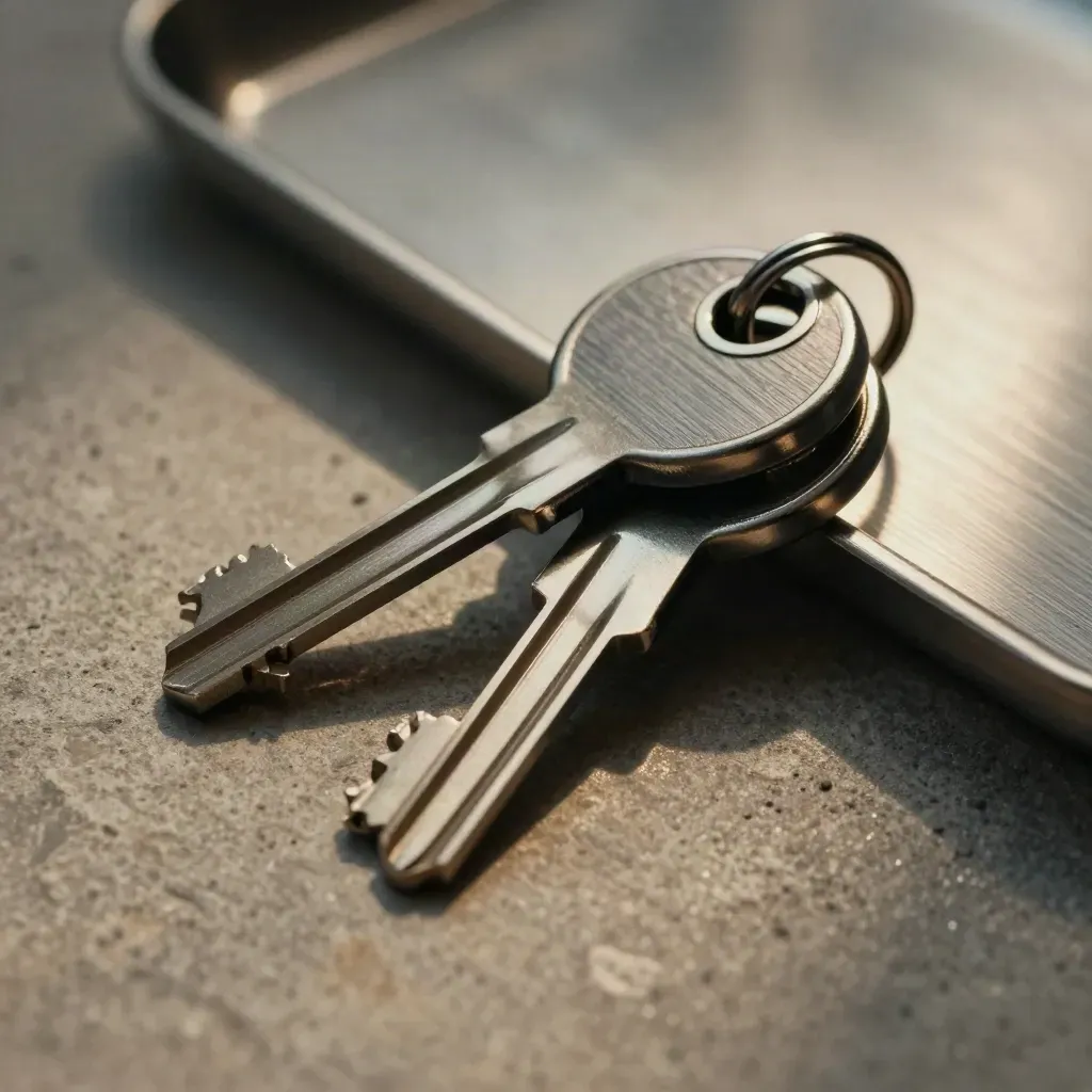 Two biometric security keys with steel ring on brushed tray in dramatic macro light