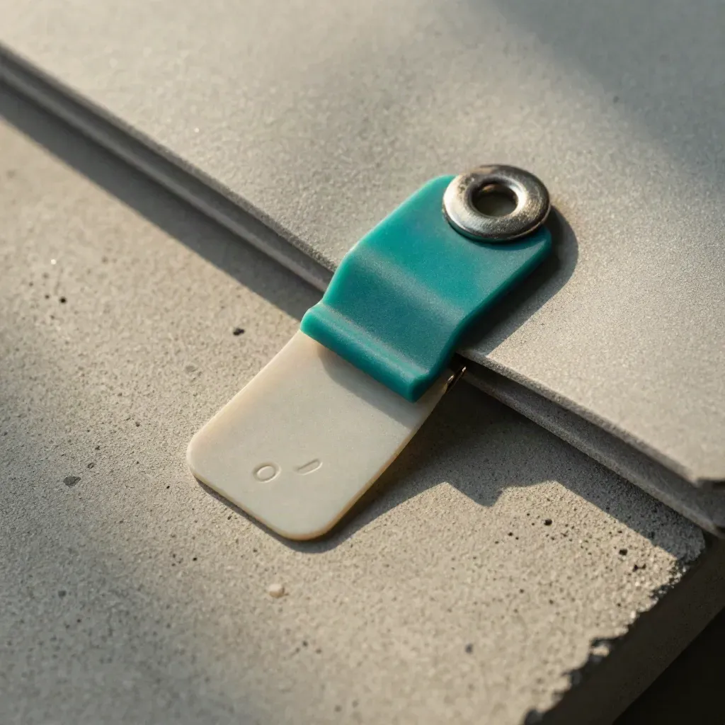 Macro of a sealed document pouch clasp, cable seal, and metal clip on pale concrete.