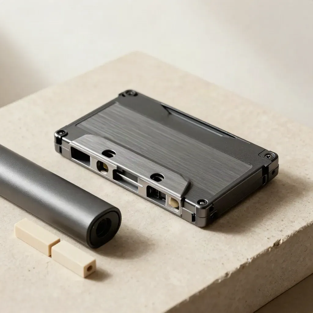 Graphite backup tape cartridge beside a recovery drive shell and metal tray on a soft-lit neutral surface.