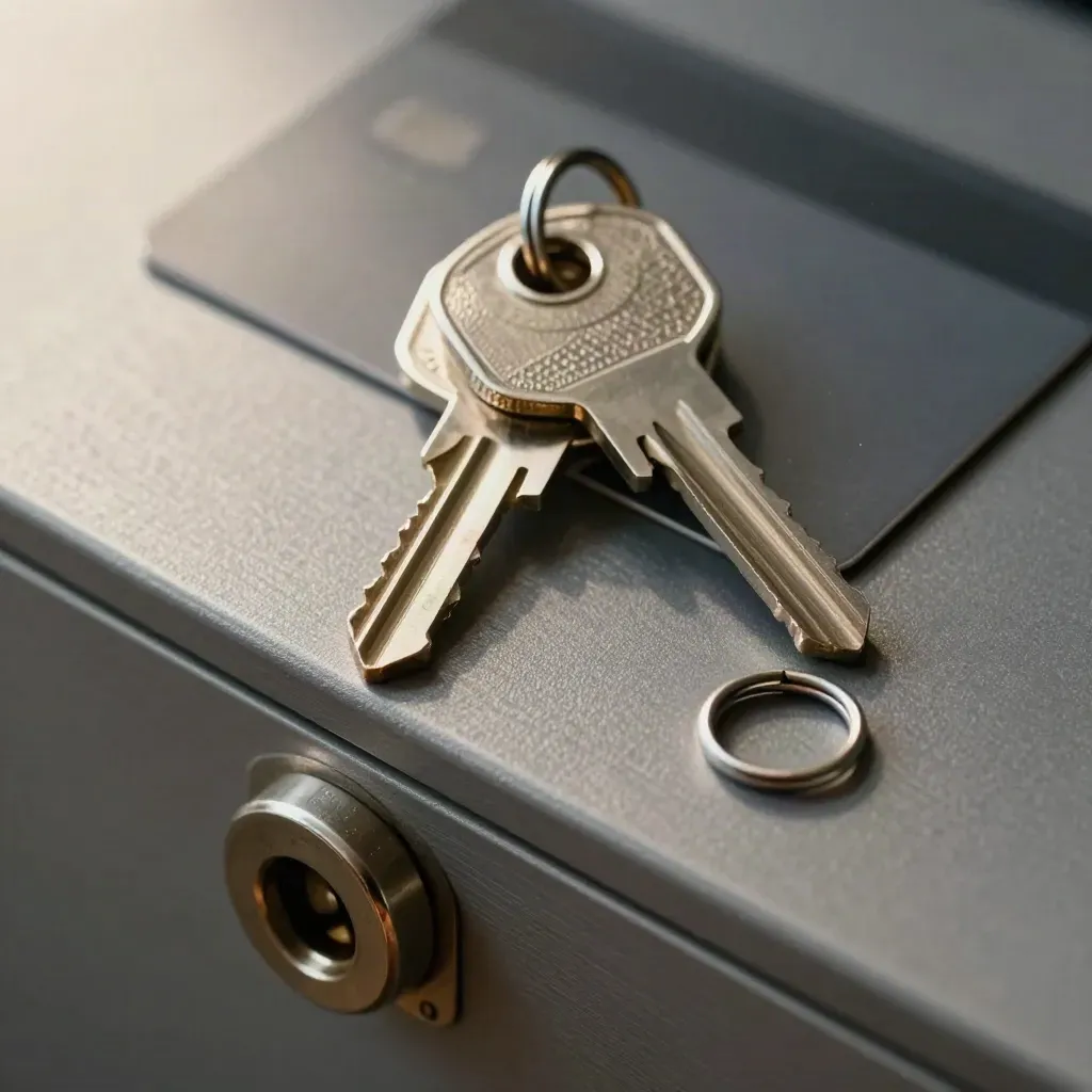 Macro overhead of a cabinet lock with two keys and a split ring on a graphite slab.