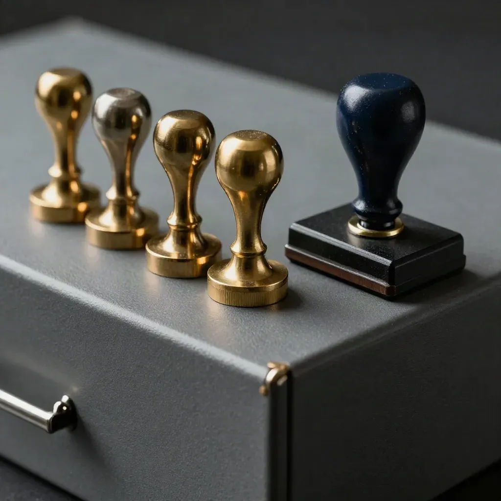 Brass audit seals beside a stamped archive box corner and matte black stamp block on graphite.