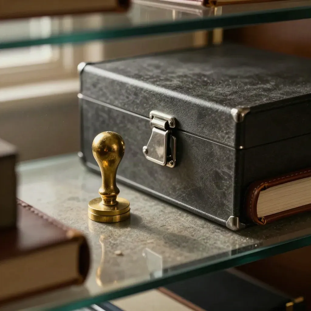 Brass seal stamp, leather case file spine and closed archive box behind a dark glass edge.