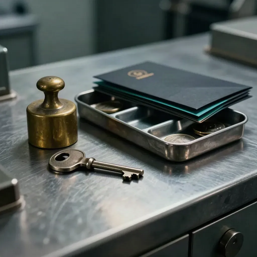 Brass accounting weight, lockbox key, coin tray and dark envelopes on brushed steel.