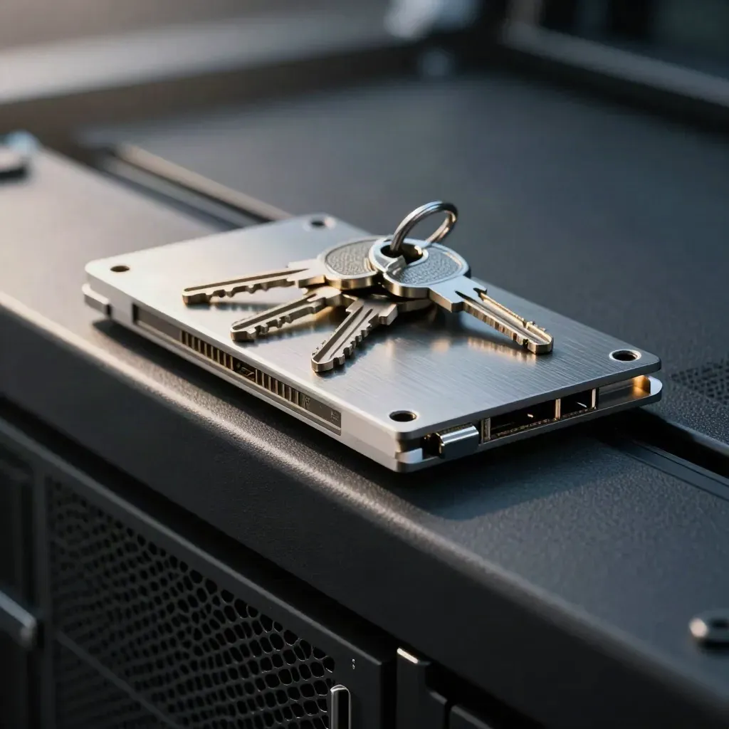 Hardware keys and SSD sled beside a rack rail in cool metallic server-room light.
