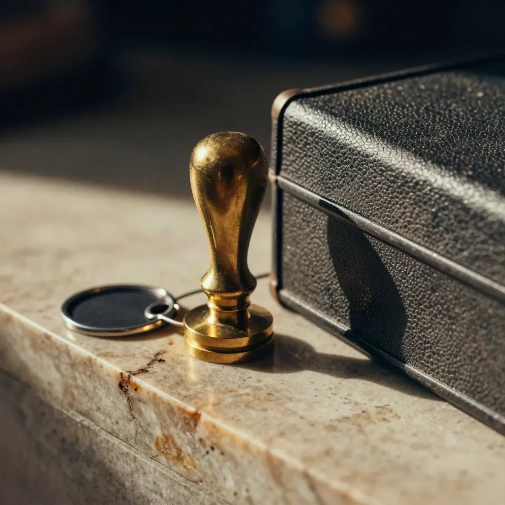 Brass seal stamp, archive tag ring, and case box corner on warm stone in moody macro light.