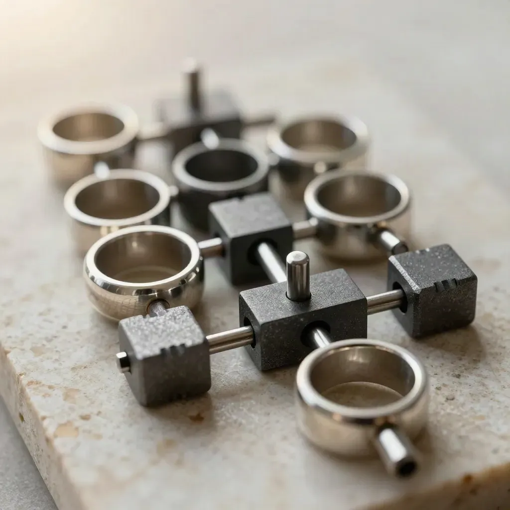 Top-down macro of linked metal rings, graphite blocks, and connector pins on pale stone.