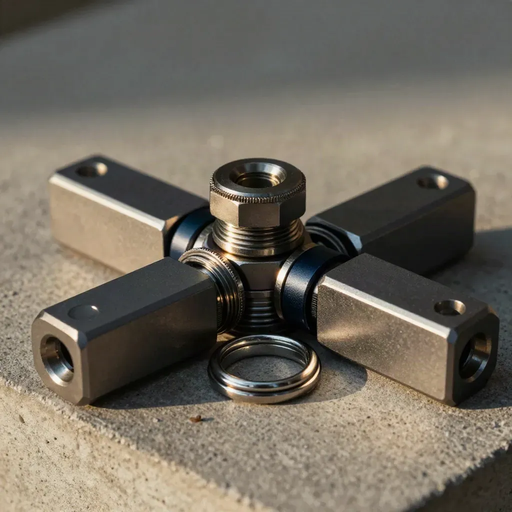 Machined brackets and a hex coupling snapped together on brushed concrete with dramatic light.