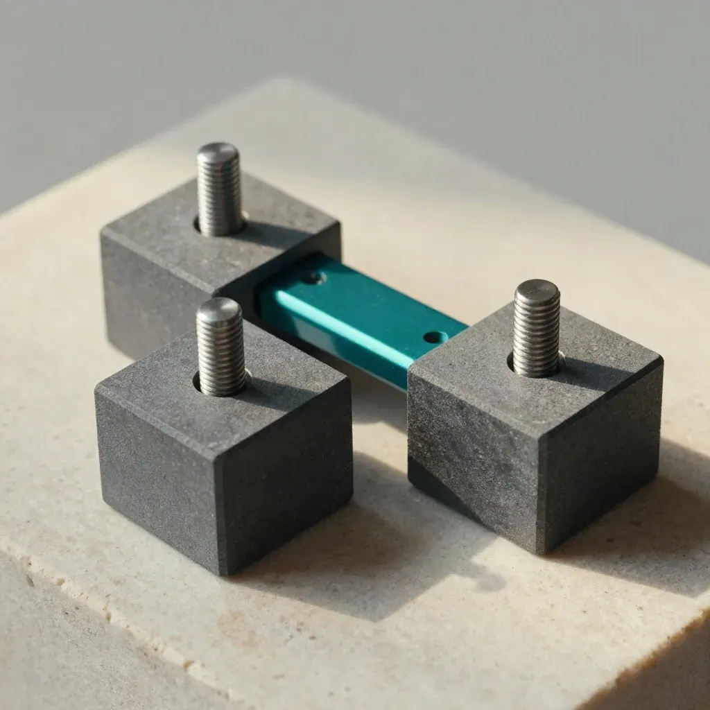 Graphite modular blocks and a teal connector bridge on pale stone, overhead macro.