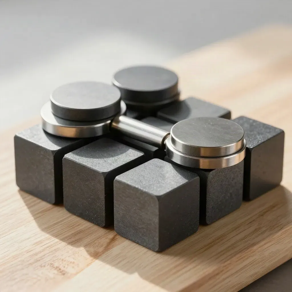 Graphite cubes and metal connectors on pale wood, lit by warm daylight.