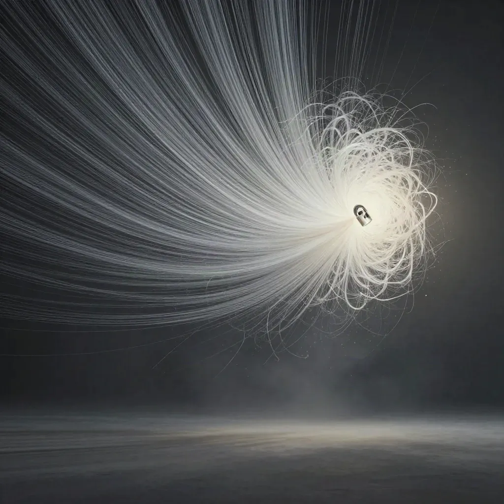 Silver light filaments converge into a soft white bloom in a dark graphite void.